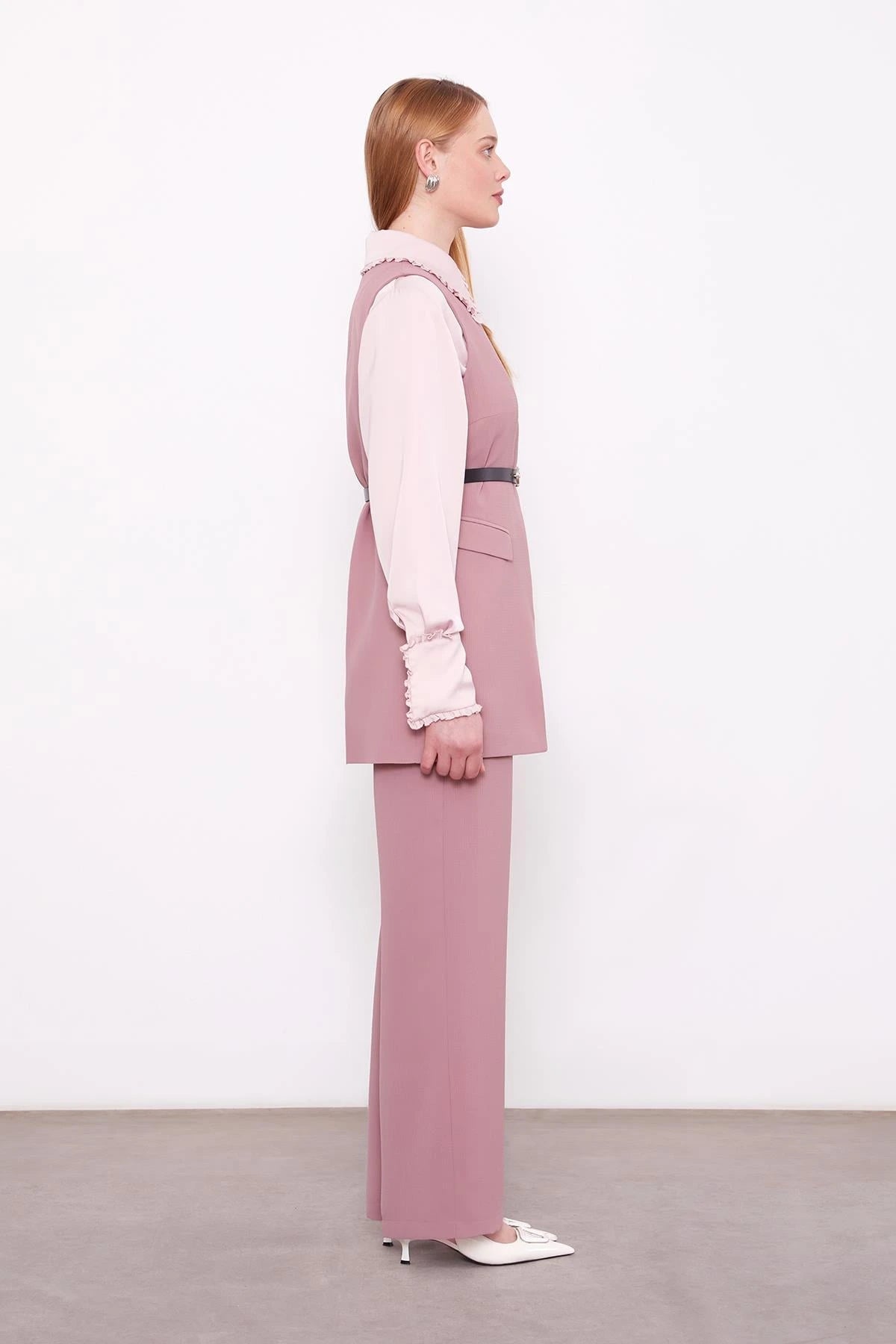 Ensemble deux pièces gilet asymétrique rose