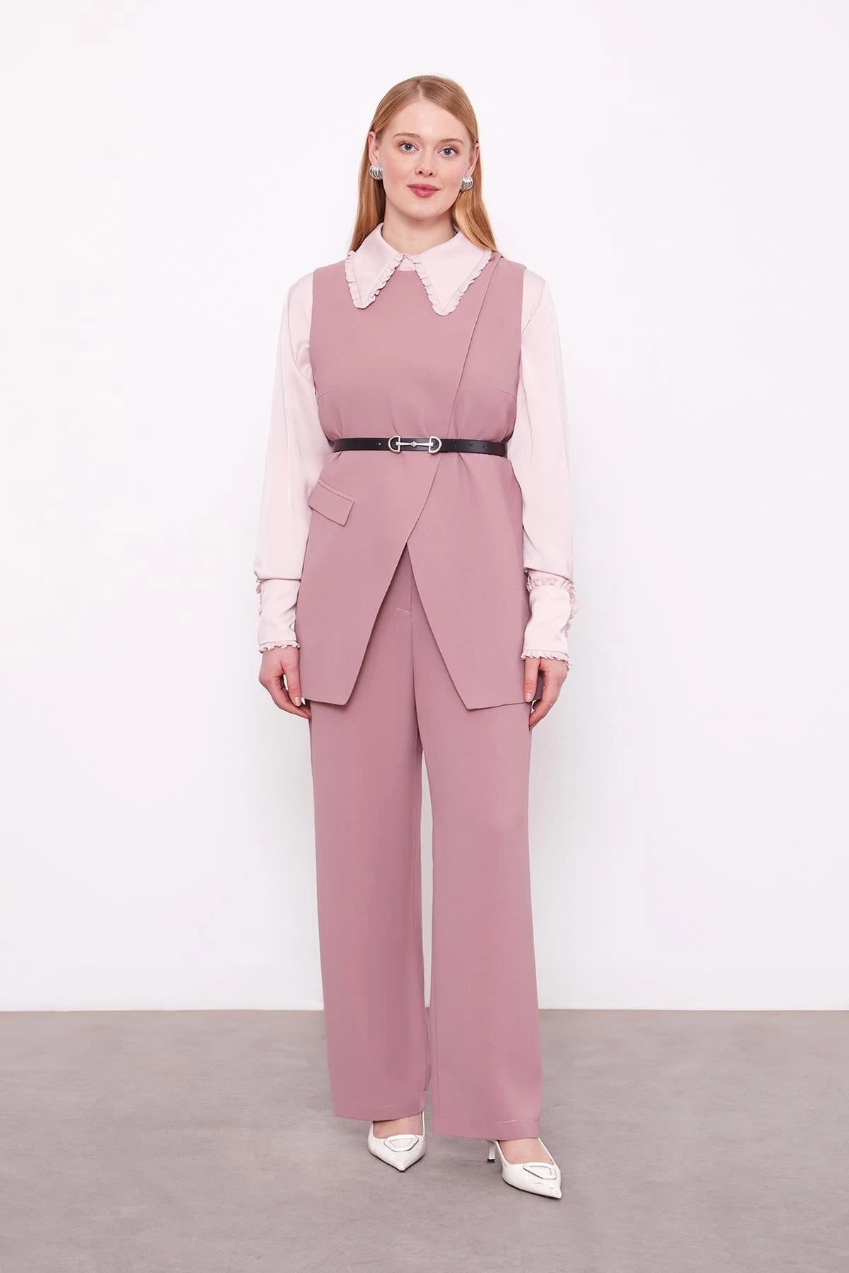 Ensemble deux pièces gilet asymétrique rose